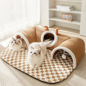 Cozy Plaid Reindeer Cat Tunnel & Bear Bed