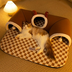 Cozy Plaid Reindeer Cat Tunnel & Bear Bed