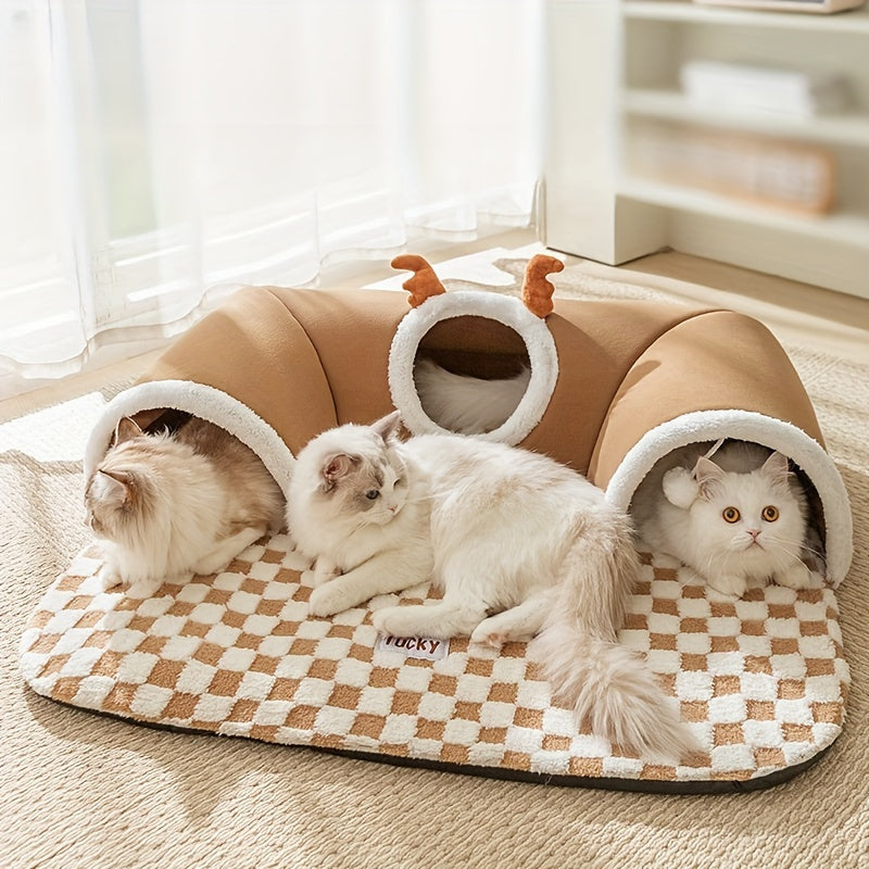 Cozy Plaid Reindeer Cat Tunnel & Bear Bed